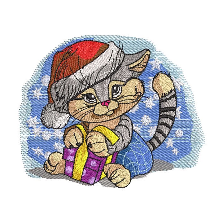 Kitten in santa hat with a gift under snow embroidery design - Embroidery Design