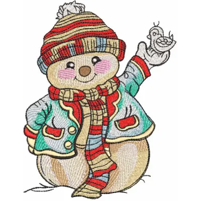 Charming snowman with a snow bird embroidery design, perfect for enhancing winter-themed projects.