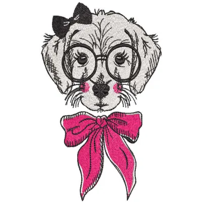 Embroidery design featuring a dog girl wearing glasses, ideal for stitching on t-shirts or tote bags.