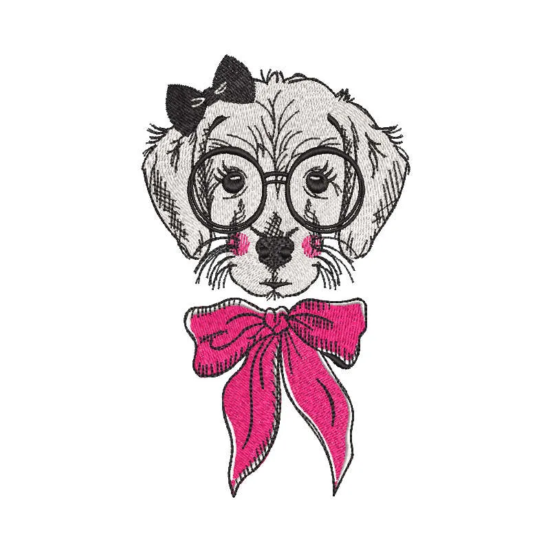 Embroidery design featuring a dog girl wearing glasses, ideal for stitching on t-shirts or tote bags.