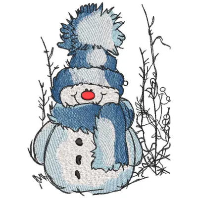 Cheerful snowman embroidery design featuring a knitted hat and scarf, perfect for winter projects.