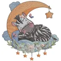 Embroidery design featuring a baby zebra sleeping on a crescent, perfect for adorning baby onesies or blankets.