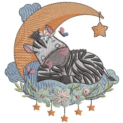 Embroidery design featuring a baby zebra sleeping on a crescent, perfect for adorning baby onesies or blankets.