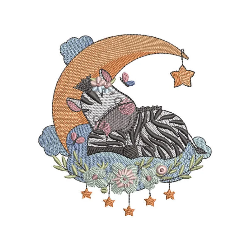 Embroidery design featuring a baby zebra sleeping on a crescent, perfect for adorning baby onesies or blankets.