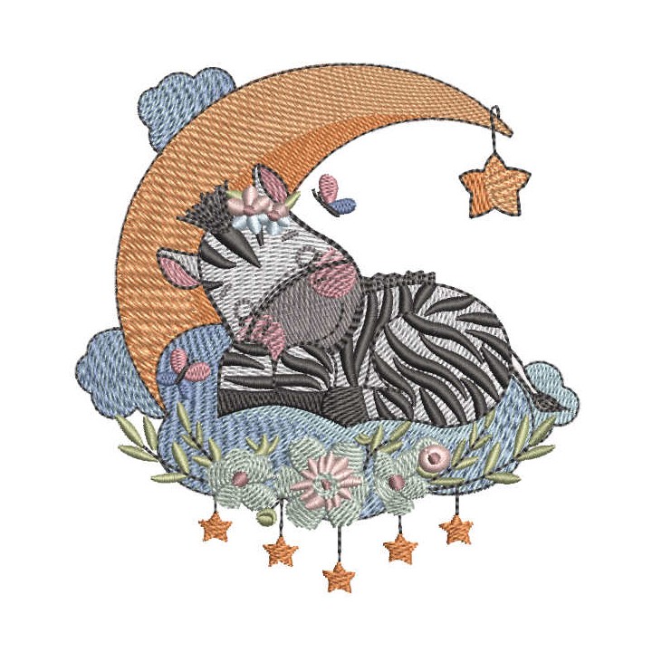 Baby zebra sleeping on a crescent embroidery design - Embroidery Design