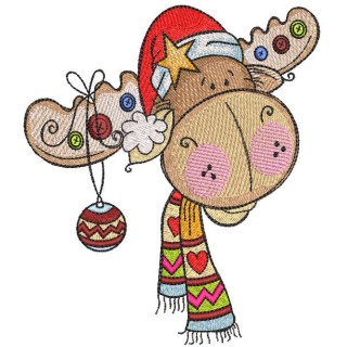 Decorated Christmas moose in santa hat embroidery design - Embroidery Design