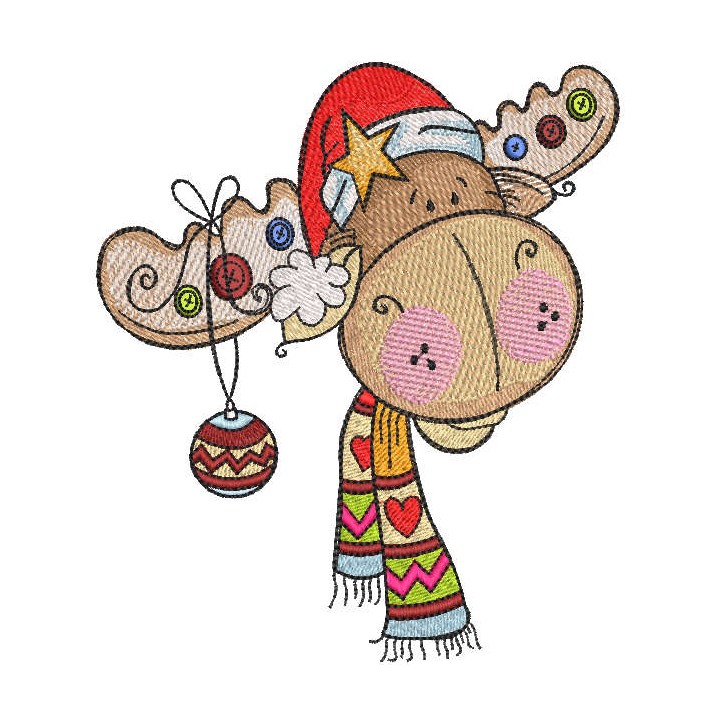 Decorated Christmas moose in santa hat embroidery design - Embroidery Design