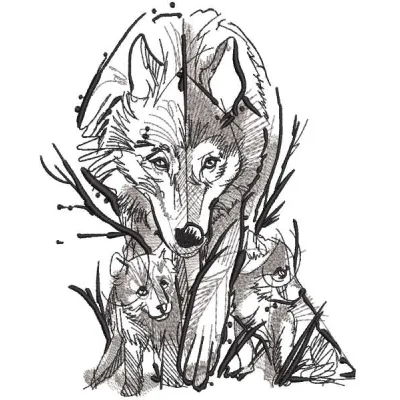 She-wolf with family sketch embroidery design, showcasing a beautiful wolf motif for stitching on various fabrics.