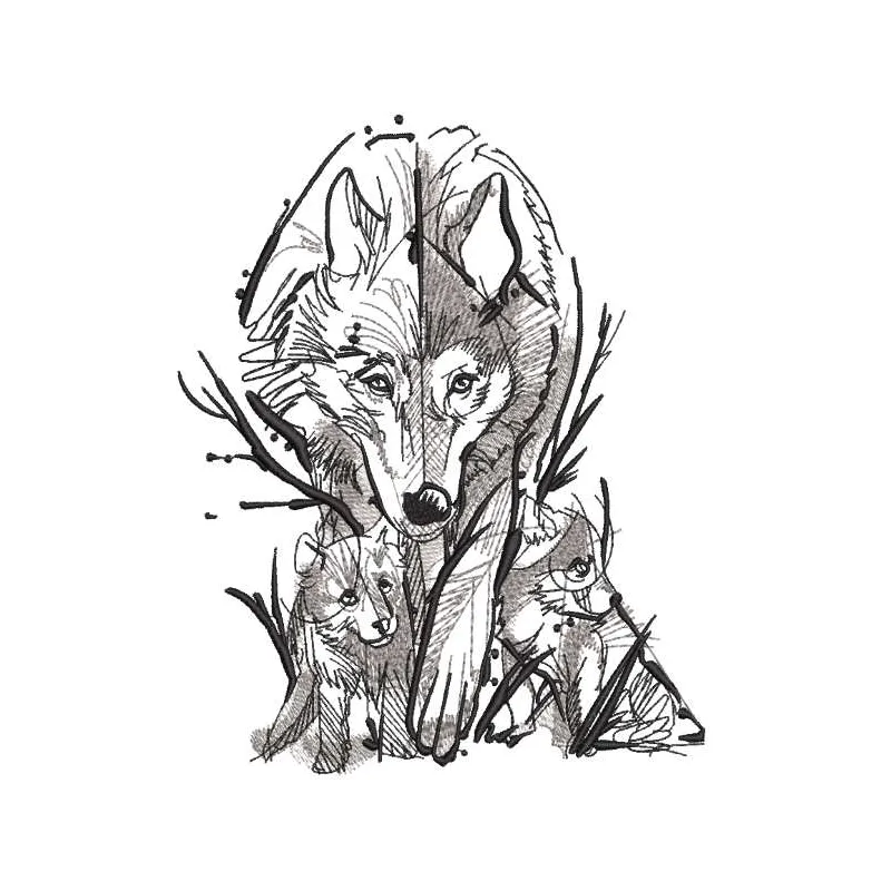 She-wolf with family sketch embroidery design, showcasing a beautiful wolf motif for stitching on various fabrics.