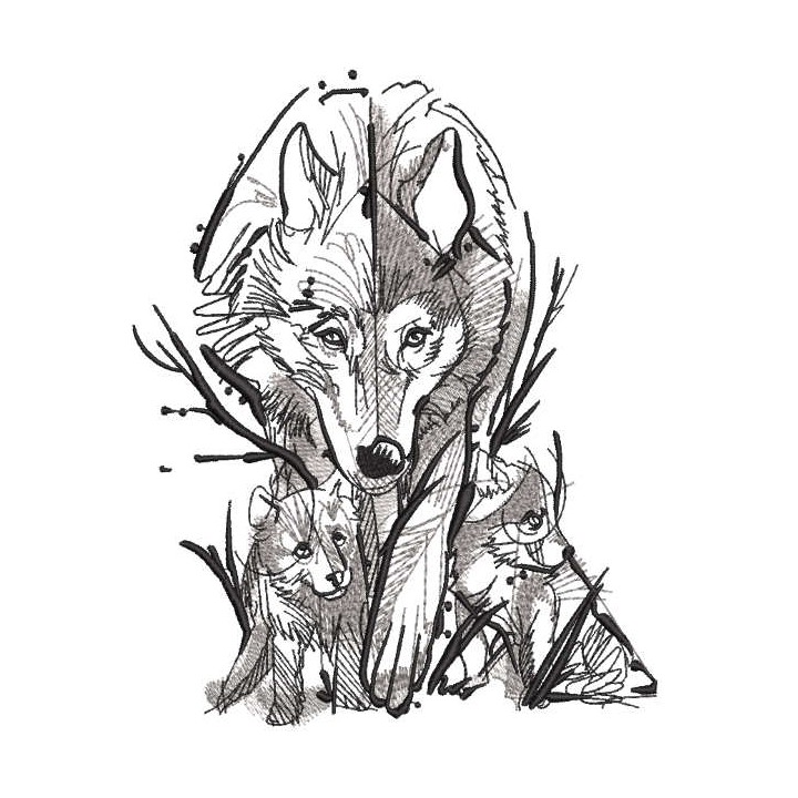 She-wolf with family sketch embroidery design - Embroidery Design