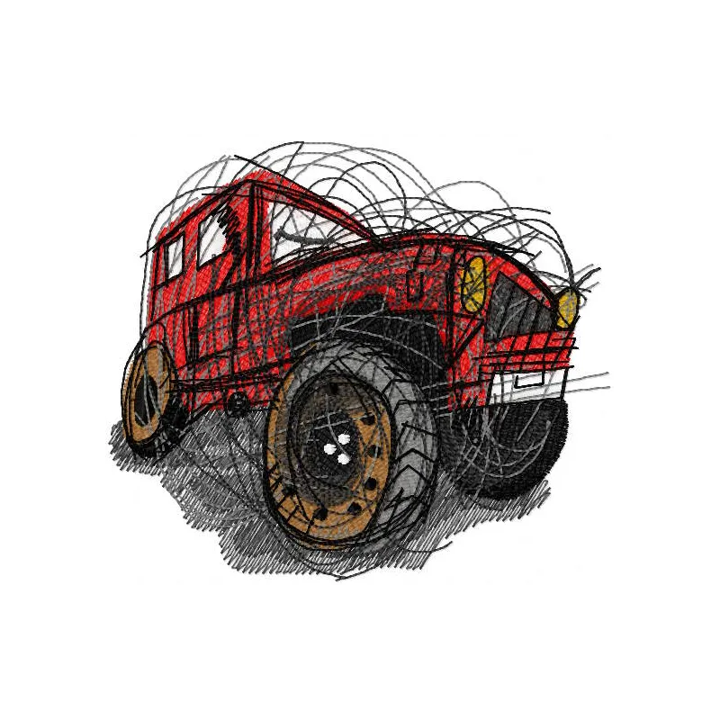 Artistic Jeep embroidery design showcasing a detailed stitched motif for car enthusiasts on various fabric items.