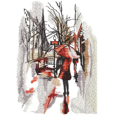 Rainy day in the city embroidery design featuring urban skyline and raindrops, ideal for various fabric projects.