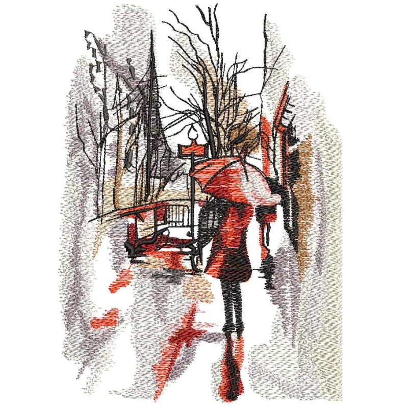 Rainy day in the city embroidery design featuring urban skyline and raindrops, ideal for various fabric projects.