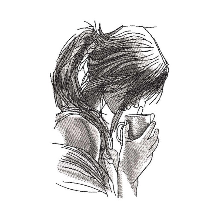 Sketch girl with hot cup drink embroidery design - Embroidery Design