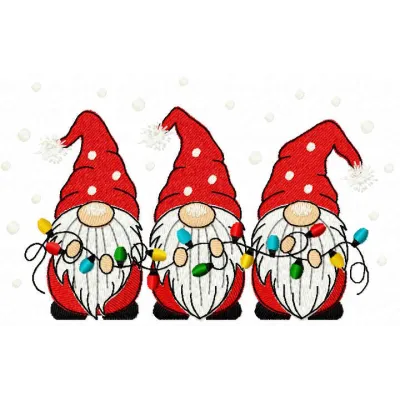 Trio of festive Christmas gnomes with garland embroidery design, ideal for holiday-themed projects and decorations.