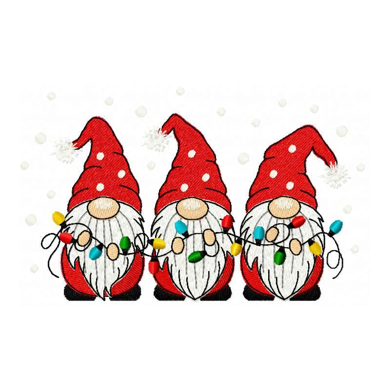 Trio of festive Christmas gnomes with garland embroidery design, ideal for holiday-themed projects and decorations.
