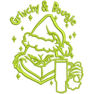 Preview of the Christmas Grinchy and Bougie embroidery design featuring a playful Dr. Seuss-inspired motif.