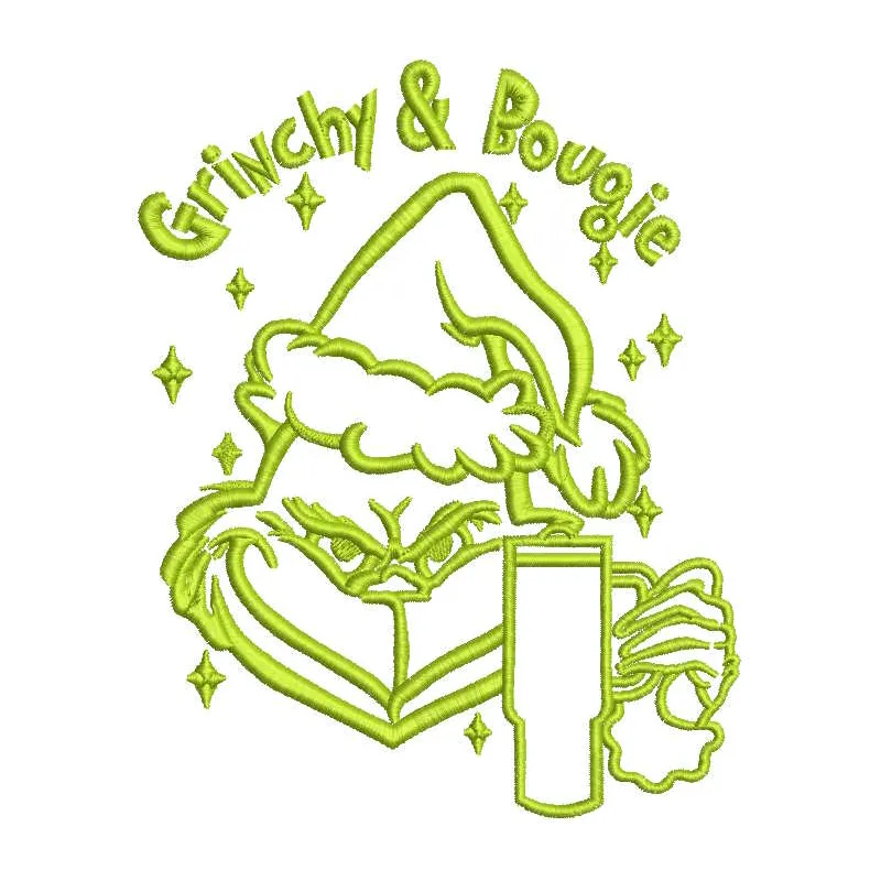 Preview of the Christmas Grinchy and Bougie embroidery design featuring a playful Dr. Seuss-inspired motif.