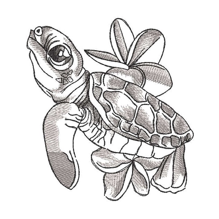 Greyscale turtle with flower embroidery design - Embroidery Design