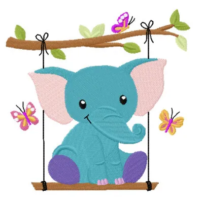 Embroidery design of an elephant on a swing, perfect for creating charming stitched motifs on various fabrics.