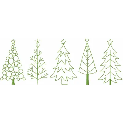 Five Christmas trees embroidery design showcasing festive stitched motifs for holiday projects.