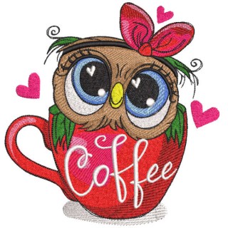 Owl in love in a coffee cup embroidery design - Embroidery Design