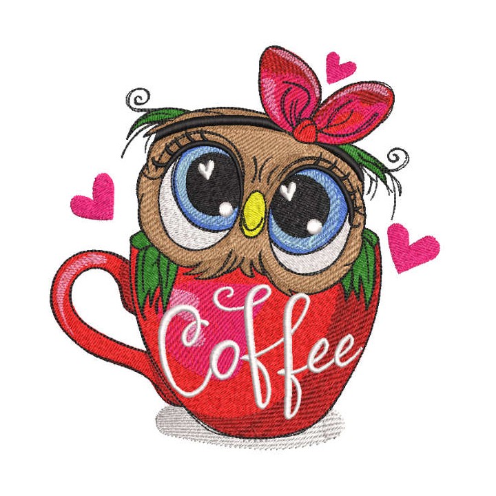 Owl in love in a coffee cup embroidery design - Embroidery Design