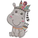 Embroidery design of a hippo dressed as an Indian with a bow and arrow, featuring vibrant details.