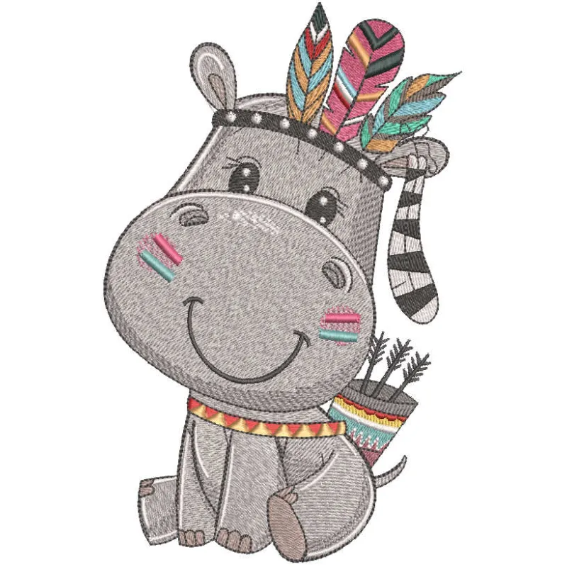 Embroidery design of a hippo dressed as an Indian with a bow and arrow, featuring vibrant details.