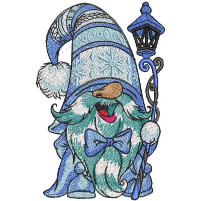 Funny winter dwarf lantern embroidery design featuring a whimsical gnome character, ideal for festive projects.