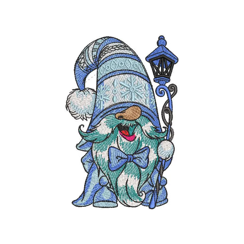 Funny winter dwarf lantern embroidery design featuring a whimsical gnome character, ideal for festive projects.