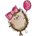 Hedgehog girl holding a pink balloon embroidery design, showcasing a whimsical stitched motif for creative projects.