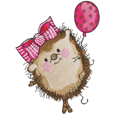 Hedgehog girl holding a pink balloon embroidery design, showcasing a whimsical stitched motif for creative projects.