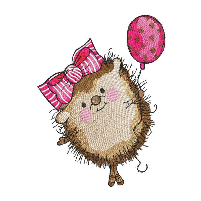 Hedgehog girl holding a pink balloon embroidery design, showcasing a whimsical stitched motif for creative projects.