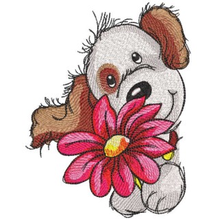 Cute puppy with big flower embroidery design - Embroidery Design
