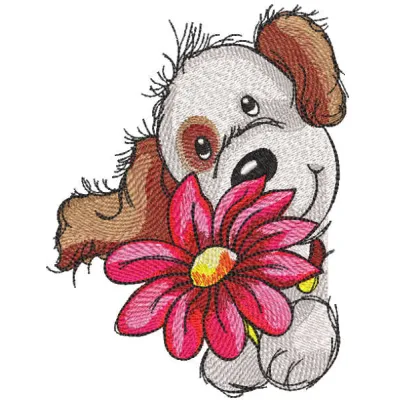Cute puppy embroidery design featuring a large flower, perfect for stitching on t-shirts or tote bags.