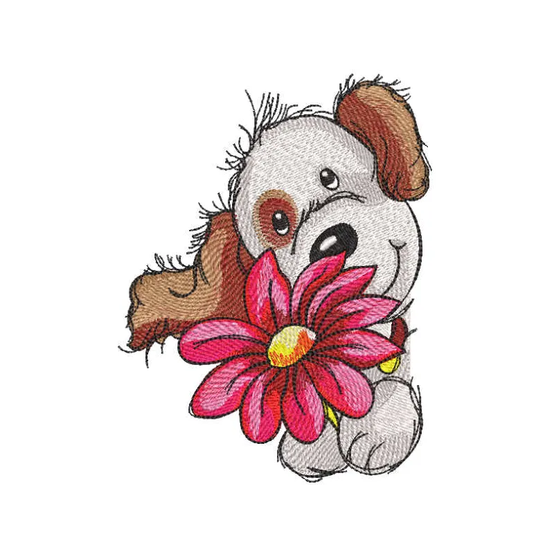 Cute puppy embroidery design featuring a large flower, perfect for stitching on t-shirts or tote bags.