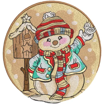 Cheerful snowman embroidery design featuring a mailbox, perfect for festive stitching projects.