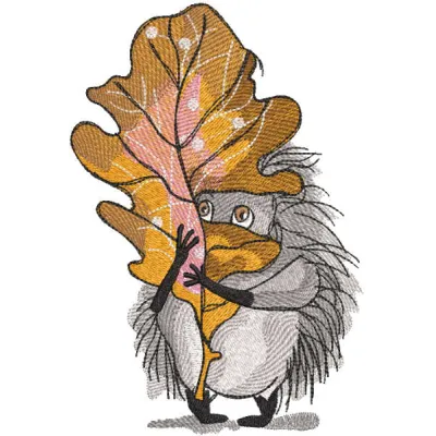 Hedgehog embroidery design featuring an oak leaf, showcasing intricate stitching details and whimsical charm.