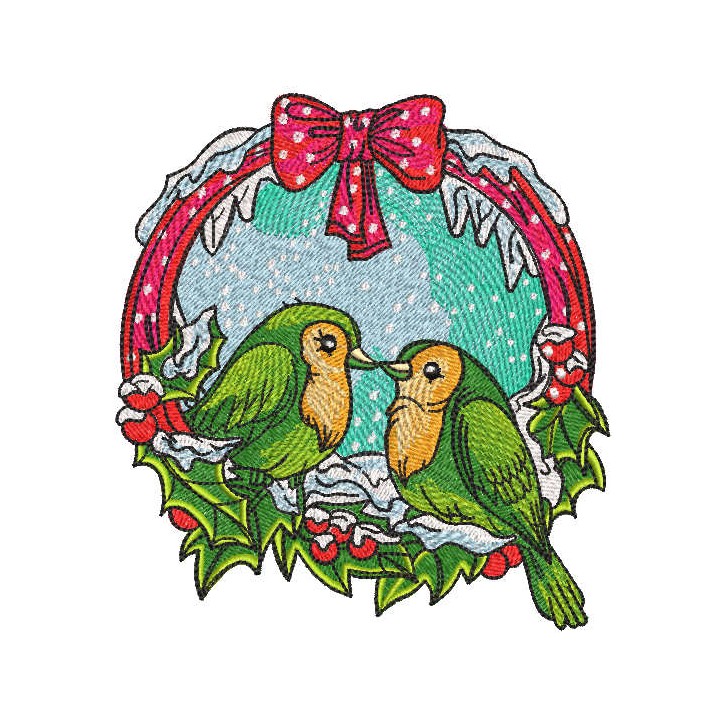 Christmas wreath with birds embroidery design - Embroidery Design