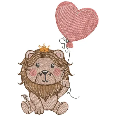 Lion king embroidery design featuring a heart balloon, perfect for adding charm to children's apparel and accessories.
