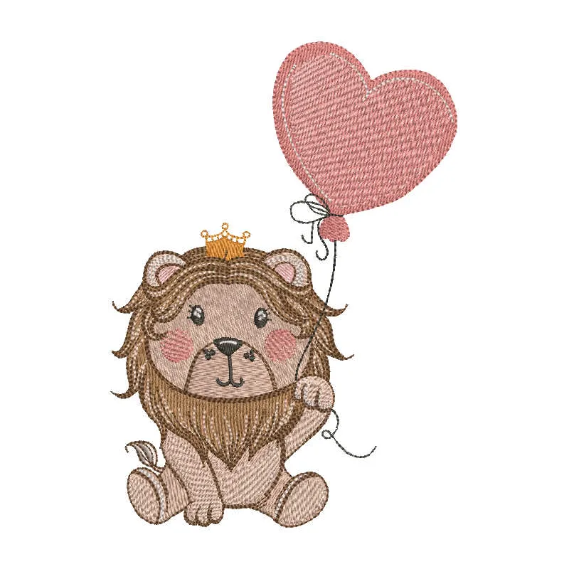 Lion king embroidery design featuring a heart balloon, perfect for adding charm to children's apparel and accessories.