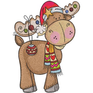Christmas deer wearing scarf and santa hat embroidery design - Embroidery Design