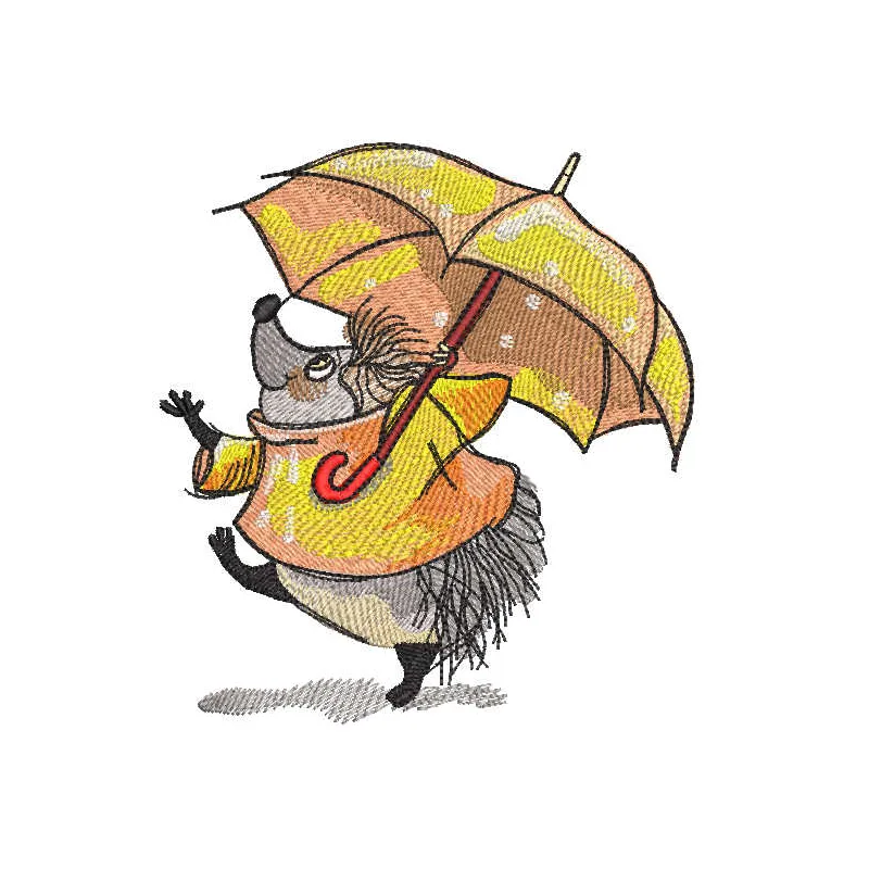 Embroidery design of a hedgehog holding an umbrella, surrounded by raindrops, perfect for stitching on cozy items.