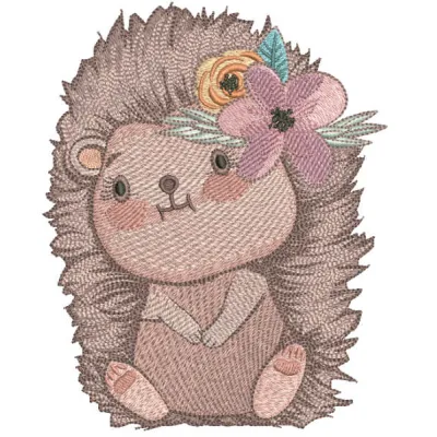 Funny hedgehog with flower wreath embroidery design, showcasing a whimsical stitched motif for creative projects.