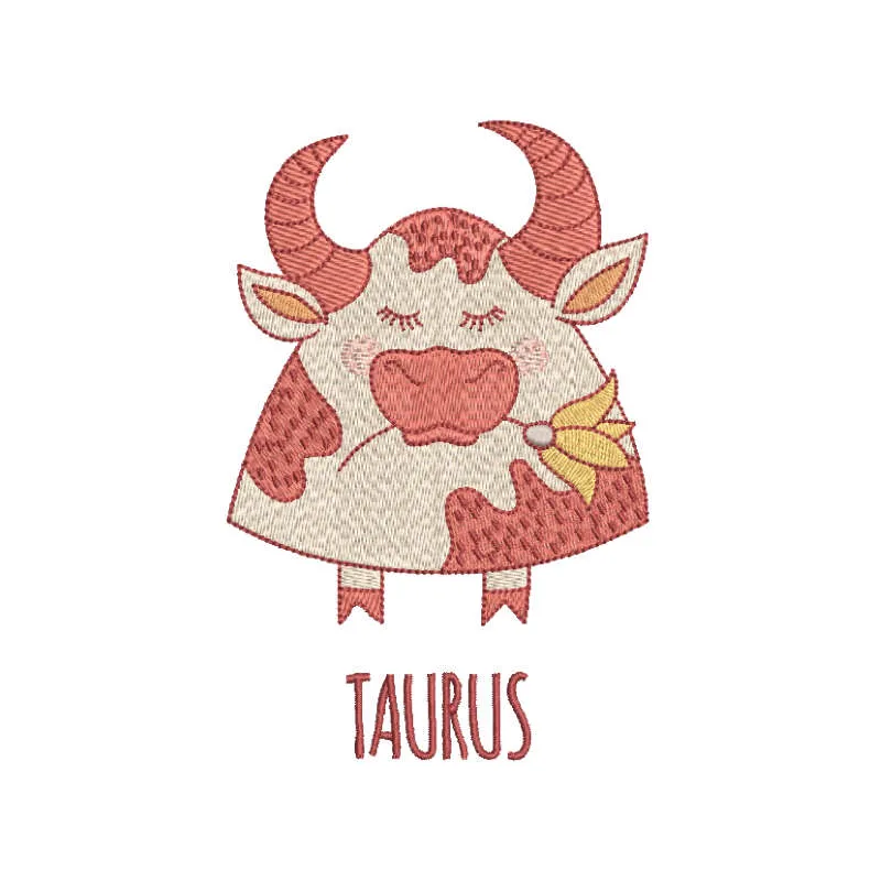 Taurus Zodiac sign embroidery design featuring intricate detailing, perfect for personalized gifts and creative projects.