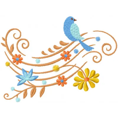 Bird on flower branch embroidery design showcasing a colorful motif perfect for embellishing garments and accessories.