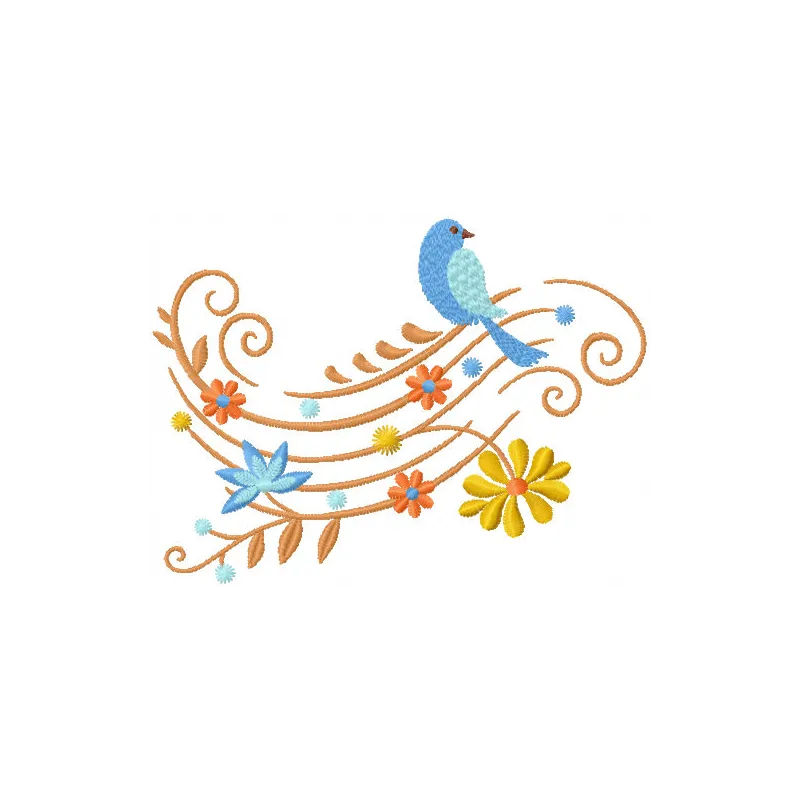 Bird on flower branch embroidery design showcasing a colorful motif perfect for embellishing garments and accessories.