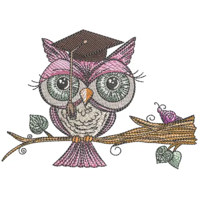Owl college graduate embroidery design featuring a wise owl in a graduation cap, perfect for stitching on apparel and gifts.