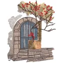 Scenic embroidery design featuring an intricate view of an old city, ideal for travel-themed projects.